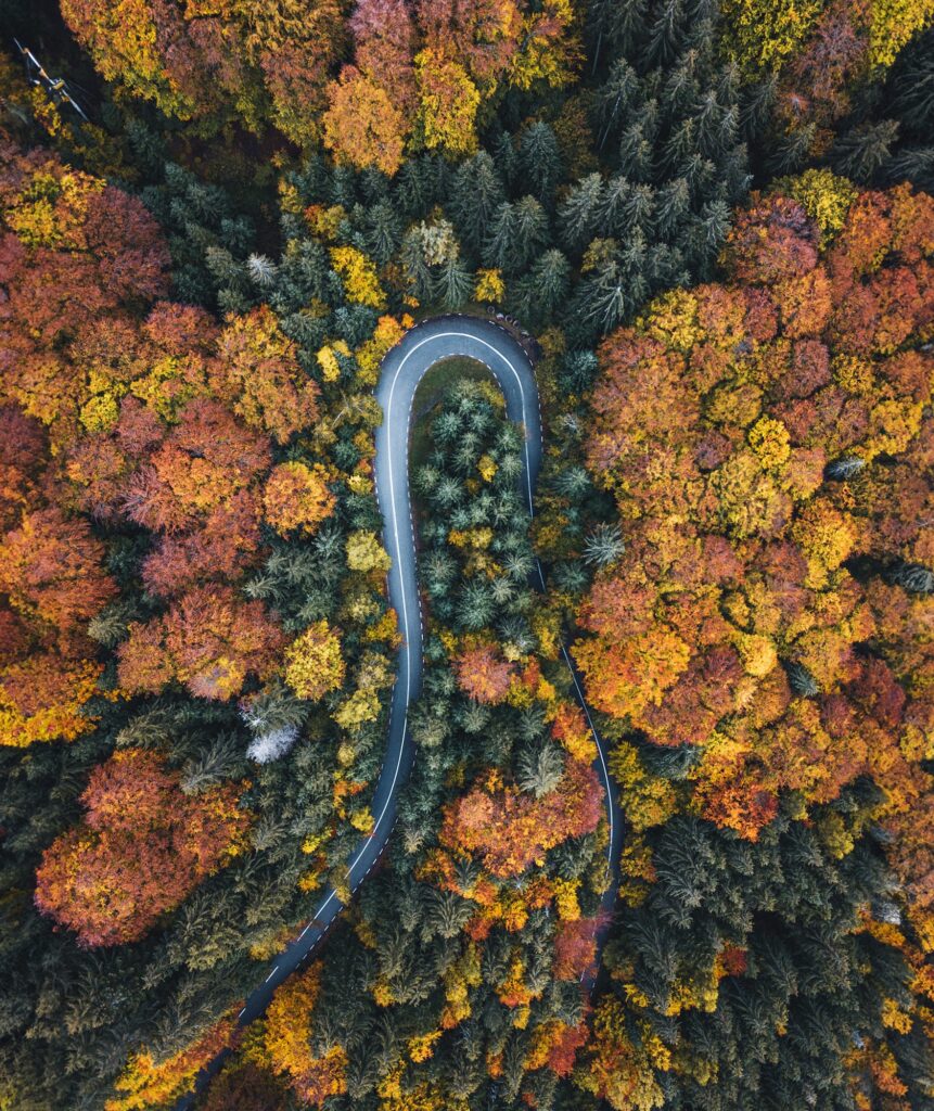 Strada di montagna vista dall'alto in autunno